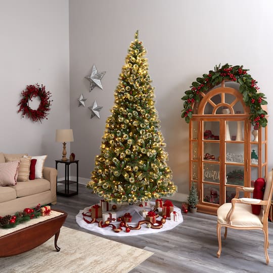 10ft. Pre-Lit Frosted Swiss Pine Artificial Christmas Tree with Berries, Clear LED Lights